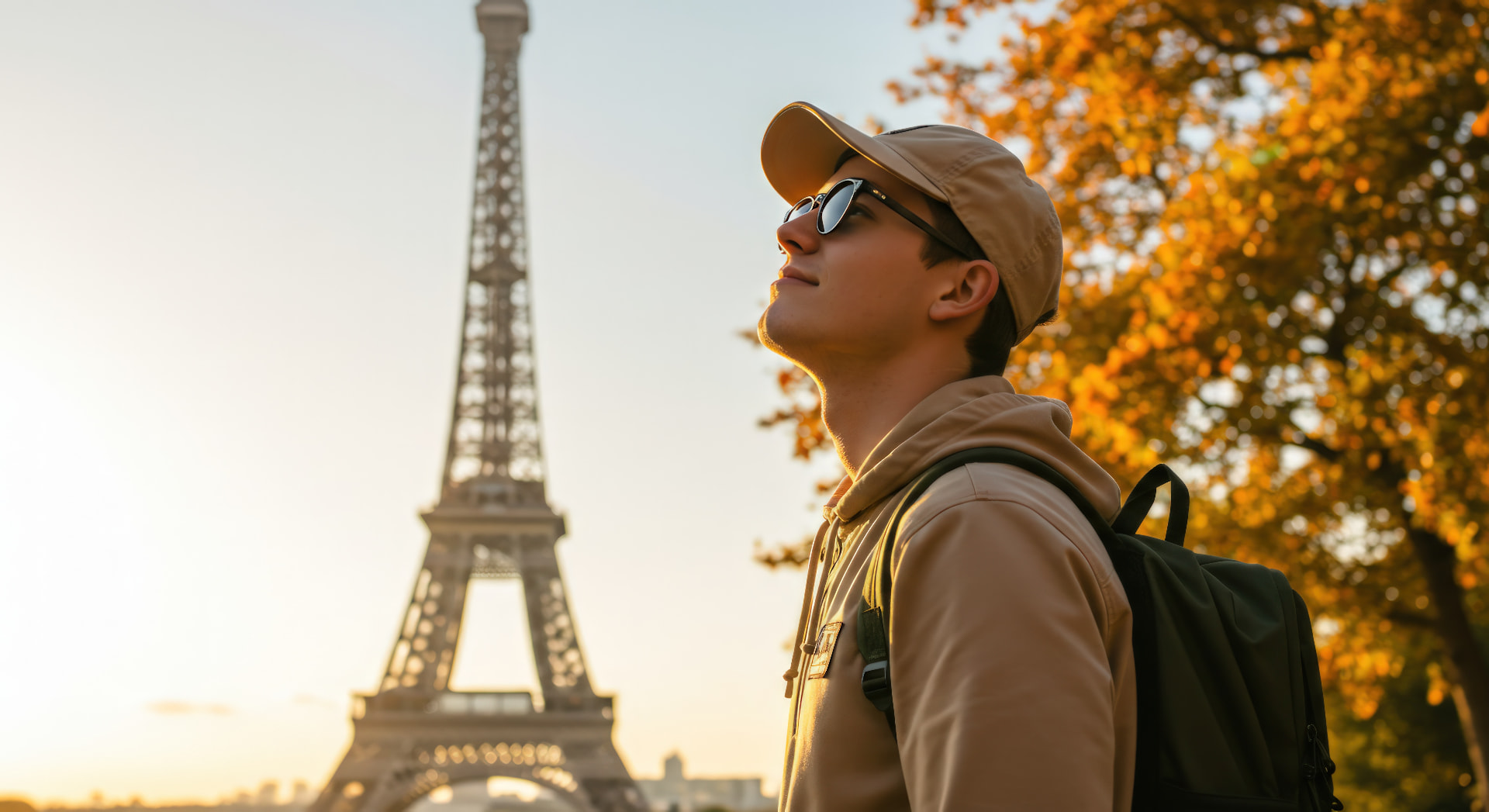 Student with a backpack looking up at the Eiffel Tower at golden hour