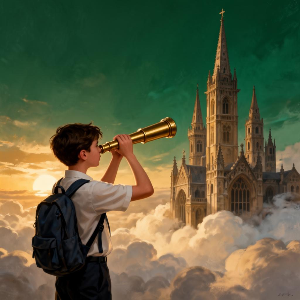 Student looking through a telescope toward global universities at sunrise